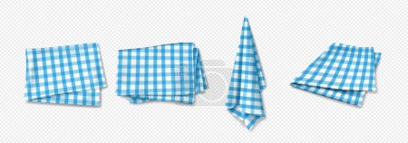 Realistic set of blue checkered cotton towels hanging, lying folded isolated on transparent background. Vector illustration of vintage tablecloth. Kitchen, restaurant interior, picnic design elements