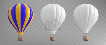 Conjunto realista de maquetas de globos de aire caliente aisladas sobre fondo transparente. Ilustración vectorial de aviones inflables de color azul blanco y amarillo con cesta para viajes de recreación, aventura de vuelo