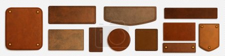 Set of brown isolated realistic leather patch. Label tag with seam template on transparent background. Vintage craft emblem design with string. Round and rectangle calfskin material sample, rivet