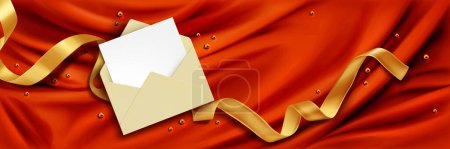 Mail with card or letter on luxury background with gold ribbon and red silk fabric. 3d mockup of message with blank white paper in open envelope, vector realistic illustration