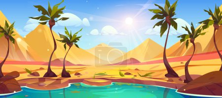 Téléchargez les illustrations : Oasis de dessin animé dans le désert du Sahara avec fond de paysage vecteur de palmiers. Mirage de Dubaï en illustration de scène de sable arabe. Maroc sec terre avec la nature rocheuse près de l'étang panorama de l'eau fond d'écran - en licence libre de droit