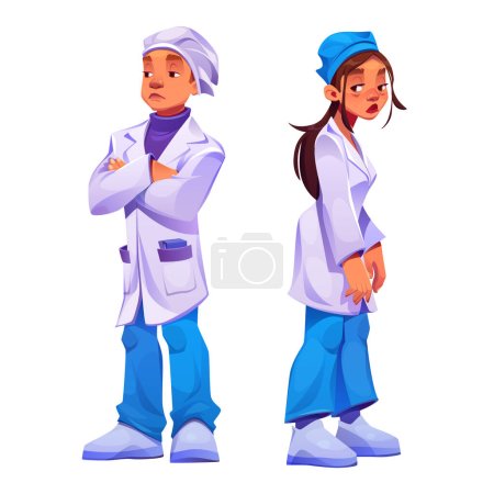 Illustration for Tired doctor in stress set. Physician burnout vector. Sad and exhausted healthcare medical staff icon. Unhappy sleepy hospital character. Fatigue sleepy professional medic in uniform isolated. - Royalty Free Image