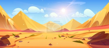 Téléchargez les illustrations : Vide désert de Dubaï dessin animé vecteur paysage arrière-plan. Afrique sécheresse sable paysage panorama vue illustration avec collines et terrain de montagne. Environnement de jeu d'été avec rayon de soleil et nuage - en licence libre de droit