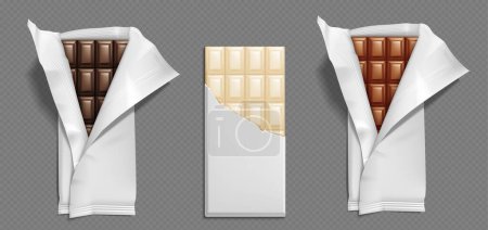 Illustration for Realistic dark, milk and white chocolate bars in open wraps. Vector illustration of sweet choco dessert in foil or paper package. Delicious cocoa and sugar snack. Cooking ingredient. Endorphin source - Royalty Free Image