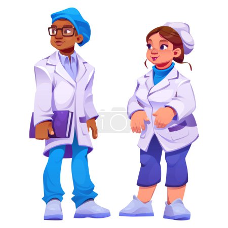 Ilustración de Conjunto de dibujos animados de personal médico aislado sobre fondo blanco. Ilustración vectorial del carácter multiétnico de los jóvenes médicos y enfermeras en uniforme hospitalario. Servicios de clínicas de salud - Imagen libre de derechos