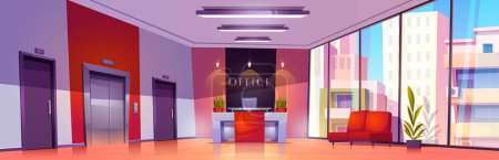 Illustration for Cartoon company office interior with furniture. Vector illustration of hall with doors, elevator, computer on reception desk, chairs for guests in waiting area. Cityscape view seen through glass wall - Royalty Free Image