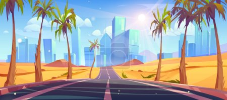 Illustration for Desert road to city street with palm tree vector background. Empty highway scene with cityscape on skyline. Asphalt freeway to Dubai town with sand terrain nature and sun beam to travel landscape - Royalty Free Image