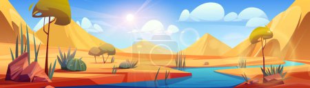 Ilustración de Paisaje del río del desierto con dunas de arena amarilla vector fondo de dibujos animados. Oasis con agua de lago en Sahara africano seco ilustración con cactus verde polvoriento, piedras rojas y rayos de sol calientes con destello de lente - Imagen libre de derechos