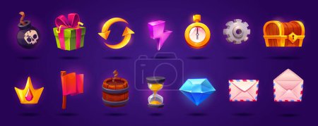 Cartoon Vector Ui Game Slot Icon Set mit Krone. Geschenkbox, Schatztruhe, Aktualisierungstaste und Blitz-Energie-Zeichen Illustration isoliert auf dem Hintergrund. Leuchtender Diamant, Bomben- und Fassdesign