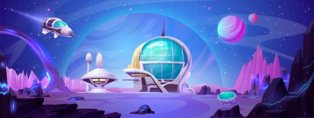 Illustration for Space station building on planet vector landscape. Futuristic spaceship on Mars city base cartoon background. Alien colony in cosmos with exploration mission and research adventure game banner - Royalty Free Image