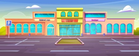 Illustration for Vector car parking store building front exterior background. Grocery supermarket mall with street road outside cartoon commercial illustration. Entrance to local retail market for coffee or food - Royalty Free Image