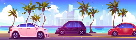 Illustration for Car drive on road near sea with skyscrapper view vector background. Palm tree on ocean embankment in town summer cartoon illustration. Paradise water coast traffic in sunny vacation island bay. - Royalty Free Image