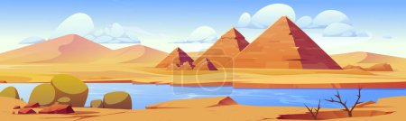 Desert river landscape with yellow sand, stone egyptian pyramides vector cartoon scenic background. Oasis with lake water in dry african Sahara, cracked ground with dusty green plants, sunny blue sky