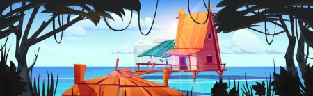 Illustration for Small fisherman hut on stilts in sea water. Vector cartoon illustration of beach house with wooden old pier, tropical forest trees on island shore, blue sky with clouds on sunny day. Exotic bungalow - Royalty Free Image