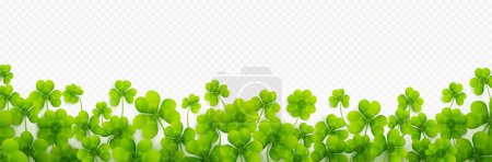 Illustration for Realistic clover leaves border isolated on transparent background. Vector illustration of four and three leaf trifoils. Decorative plant for lawn, pasture grass to feed livestock. Symbol of good luck - Royalty Free Image