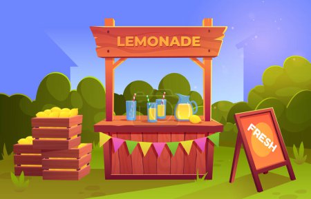 Illustration for Lemonade stand market with juice for sale cartoon vector. Child shop to sell and buy lemon drink in jar. Kid seller business with sign board to make fresh cocktail behind vintage wooden table - Royalty Free Image