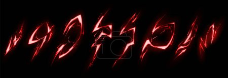 Cartoon set of red lightning strike effect isolated on black background. Vector illustration of magic power blast, laser weapon shot, electric discharge, energy flash, alien attack design element