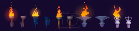 Cartoon-Set von brennenden und erloschenen Fackeln isoliert auf dem Hintergrund. Vektorillustration von hölzernen, eisernen Fackeln mit und ohne Feuer. Gestaltungselemente für die Beleuchtung des mittelalterlichen Burgverlies