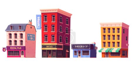 Téléchargez les illustrations : Série de dessins animés de bâtiments de la ville isolés sur fond blanc. Illustration vectorielle de maisons d'appartements, pub, café, librairie, façades d'épicerie, gabarit de bannière publicitaire sur le mur. Ville constructeur de rue - en licence libre de droit