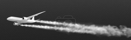 Téléchargez les illustrations : Avion 3D réaliste volant avec piste de condensation isolée sur fond transparent. Illustration vectorielle de maquettes d'avions blancs pour le transport de passagers, de fret, de courrier international - en licence libre de droit