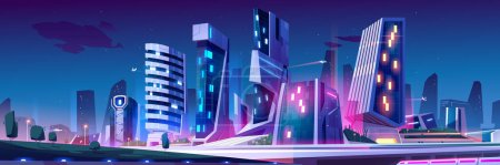 Ilustración de fondo del horizonte futuro de la ciudad de la noche. Paisaje urbano futurista de ciudad con luz de neón. Arquitectura cibernética panorama perspectiva resplandor con carretera. Rascacielos y nave espacial púrpura en el cielo