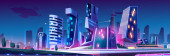 Night future city building skyline background illustration. Futuristic cityscape of town with neon light. Cyber architecture glow perspective panorama with road. Purple skyscraper and spaceship in sky puzzle #657111948