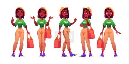 Illustration for Cartoon set of young female traveler isolated on white background. Vector illustration of african american woman in casual clothes showing thumbs-up, smiling, excited, surprised, puzzled, pensive - Royalty Free Image