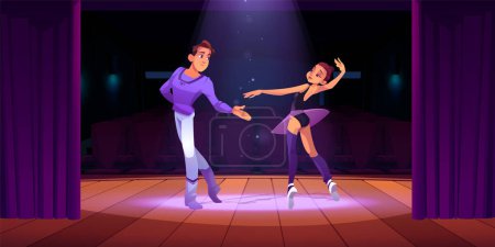 Illustration for Couple dance ballet on theater stage cartoon background. Theatre scene with curtain and spotlight with magic sparkle. Young ballerina and man play performance and dancing with passion on wooden floor - Royalty Free Image
