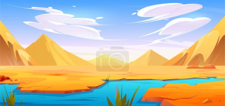 Desert river landscape with yellow sand dunes or mountains vector cartoon scenic background. Oasis with lake water in dry african Sahara cracked ground with dusty green plants under sunny blue sky