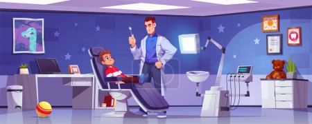 Child dental office cartoon vector. Kid boy patient in dental hospital interior to medical care for tooth illustration. Pediatric man medic check baby toothache service with smile stomatology concept