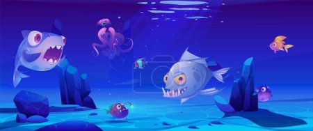 Mar submarina escena vectorial de dibujos animados con peces. Ilustración submarina profunda con peces dorados, pulpo, tiburón, piraña y pescador. refracción de la luz del sol en el fondo marino limpio con burbuja.