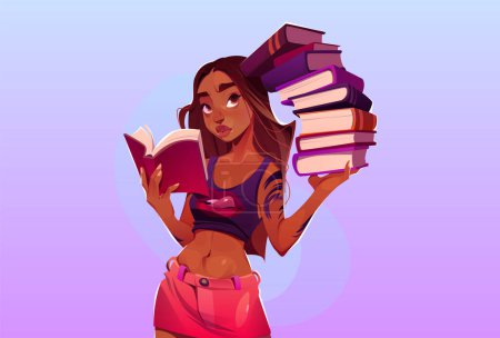 Illustration for Black student woman reading book cartoon vector. Female adult study and read pile of textbook. African thin young schoolgirl character holding many literature hobby lifestyle on purple background - Royalty Free Image