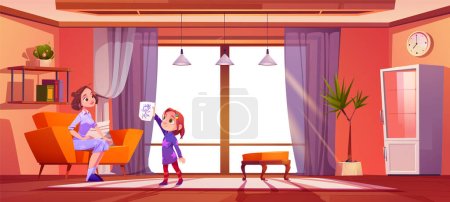 Home living room interior with child show draw to mother cartoon background illustration. Window with curtain and sofa furniture in apartment lounge with preschool character exhibit crayon scribble