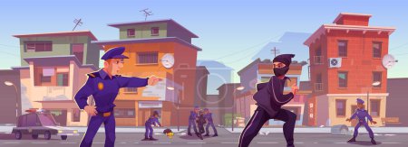 Illustration for Police on poor ghetto street catching thief cartoon vector background. Policeman in dirty slum india neighborhood area. Ruined and destruction criminal town alley exterior game illustration. - Royalty Free Image