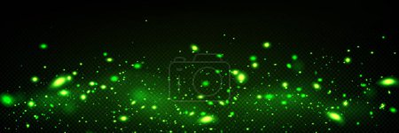 Lichteffekt der grünen Glühwürmchen in der Nacht. Magische Funkeln, Leuchten von Käfern oder fluoreszierendem Staub leuchten isoliert auf dunklem, transparentem Hintergrund, vektorrealistische Darstellung