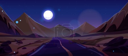 Téléchargez les illustrations : Pleine lune route de nuit en Egypte sable africain désert vecteur dessin animé illustration. Montagnes rocheuses terrain de collines en Afrique avec des étoiles dans le ciel et le clair de lune fond de jeu. Sécheresse route asphaltée sauvage - en licence libre de droit