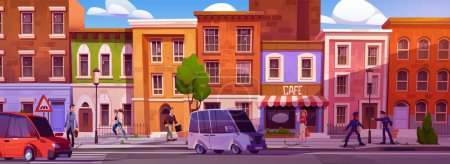 Illustration for Scandinavian city house and car traffic vector illustration. Building in town street and people on sidewalk district panorama cityscape. Game scene front view background with european townhouse - Royalty Free Image