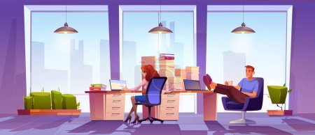 Illustration for Diligent female and lazy male office employees. Vector cartoon illustration of woman working on computer, irresponsible man drinking coffee at desk with piles of paperwork. Time management problem - Royalty Free Image