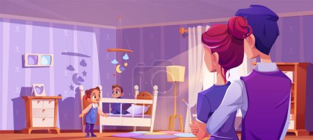 Illustration for Baby bedroom interior and parents watching on kid. Nursery room with child bed and furniture cartoon illustration. Carpet near crib in flat. Happy childhood and young mother with father lifestyle - Royalty Free Image