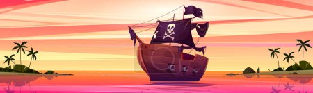 Pirate ship near sea island beach sunset cartoon vector background. Orange evening sky, ocean landscape with green palm tree. Tropical lagoon shore skyline and wooden boat with black skull flag.