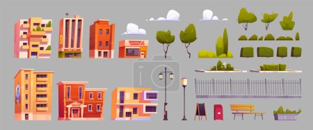 Illustration for Cartoon set of city street design elements. Vector illustration of apartment buildings, shop, cafe, school, museum, park trees, bushes, fence, lanterns, bench, waste bin, clouds isolated on background - Royalty Free Image