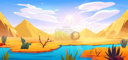 Ilustración de Paisaje del río del desierto con fondo de dibujos animados vector bola tumbleweed. Oasis con agua de lago en Sahara africano seco ilustración con rollo de hierba voladora con partículas de polvo cerca de cactus verde. - Imagen libre de derechos