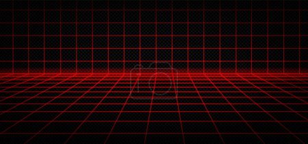 Grille laser rouge cyber newretrowave 3d fond. Salle numérique néon avec onde de vapeur et wireframe à cellules carrées. Modèle futuriste rétro dimension maille avec plancher. Geek esquisse conception de texture esthétique