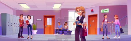 Illustration for Teacher with in school corridor sunglasses vector background. Closed wc door in university hall illustration with people. College class cabinet entrance and man waiting on bench education game scene - Royalty Free Image