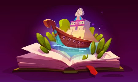 Illustration for Open book about ship fairy tale adventure to read for kid vector illustration. Fantasy kid fairytale with cute imagination storytelling. Kindergarten drawing literature for reading about sailing boat - Royalty Free Image