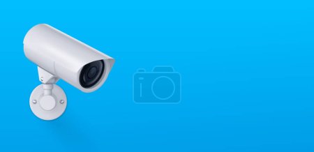 Illustration for 3d vector white safety security video spy camera. Cctv system equipment illustration for watch and recording hidden on street building wall. Realistic header concept for protect and observe privacy - Royalty Free Image