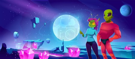 Alien couple in space on fantasy planet cartoon game landscape illustration. Futuristic outer universe asteroid ground surface with pink crystal and crack for night gui arcade adventure design.