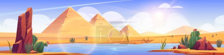 Illustration for Oasis in Egypt desert cartoon vector background. Egyptian pyramid landscape illustration with Nile water in Africa. Calm lake in Sahara and sun beam light and cloud in sky summer panoramic design - Royalty Free Image