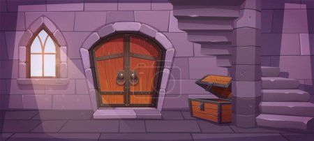Illustration for Medieval dungeon with stairs and treasure chest. Vector cartoon illustration of ancient royal castle interior with gothic window, wooden door, empty trunk on stone floor downstairs. Game background - Royalty Free Image