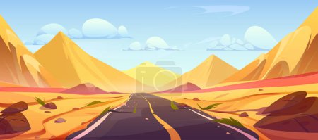 Illustration for Landscape of sand desert with road in Africa. Wilderness land scene with empty old asphalt highway, sand dunes, grass and stones, vector cartoon illustration - Royalty Free Image